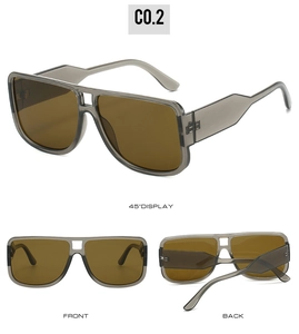 Retro oversized square sunglasses with gray frames and amber lenses in multi-angle views
