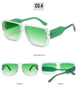 Three-view display of retro square sunglasses with double-bridge frame and green gradient lenses