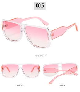 Detailed views of pink gradient square sunglasses with transparent frames and double bridge