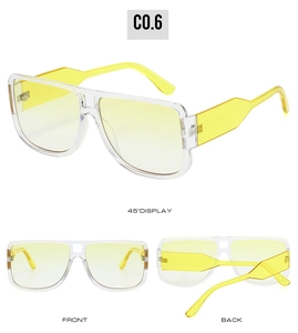 Detailed 45-degree, front and back views of trendy yellow square-frame sunglasses