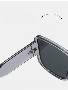Detail of durable metal hinge on retro square sunglasses with grey transparent frame