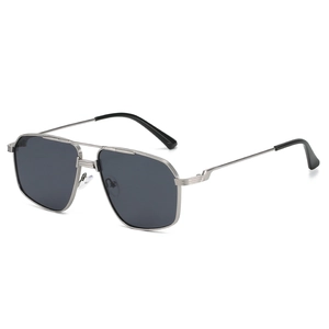 Modern silver metal double-bridge sunglasses with square dark grey UV protection lenses