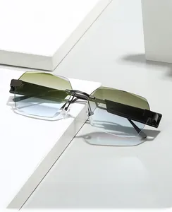 Close-up of frameless square glasses with yellow-blue gradient lenses on white blocks