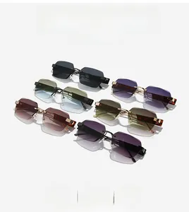 Flat lay of square rimless sunglasses in six colors with metal tortoise temples