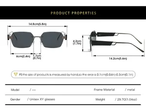 Detailed size chart for rimless square sunglasses with precise metal frame dimensions