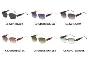 Detailed grid of rimless square sunglasses in multiple color options and metal frames