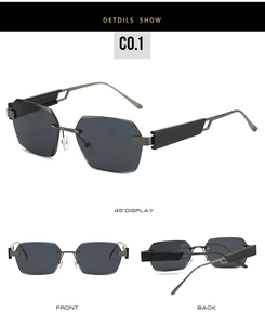Three-angle display of frameless square sunglasses with thick black temples and dark lenses