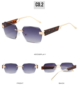 Three views of rimless square sunglasses with purple gradient lenses and tortoise temples