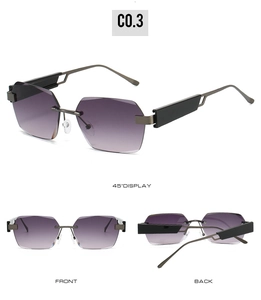 Three-way view of rimless geometric sunglasses with purple gradient lenses and metal arms
