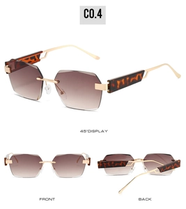 Multi-angle view of rimless geometric sunglasses with gradient brown lenses and gold metal frames