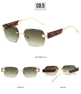 Three views of rimless square sunglasses with gold metal temples and gradient lenses