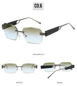 Close-up of rimless square sunglasses with gradient lenses and metallic temples