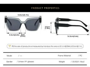 Tableau détaillé des tailles avec dimensions pour lunettes de soleil carrées unisexe