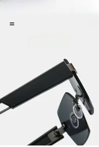 Macro detail of rimless square sunglasses showing ultra-light elastic metal hinges