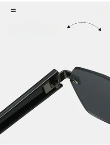Detail of durable metal hinges and high-gloss black temples on rimless square sunglasses