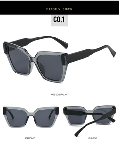 Détails de lunettes de soleil carrées gris transparent avec larges branches noires de profil