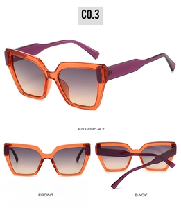 Vue détaillée des lunettes de soleil carrées avec monture orange et branches violettes