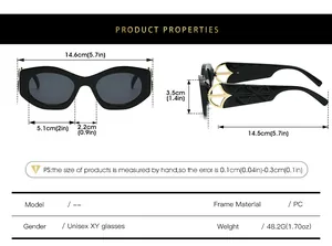 Size guide for cat eye sunglasses with detailed frame measurements and PC material specs