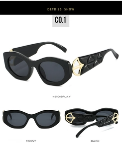 Detailed views of cat eye sunglasses with gold metal hollow out and geometric textures