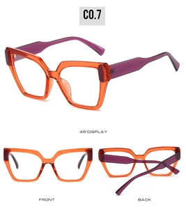 Vues multi-angles de lunettes de soleil carrées orange et violettes avec affichage à 45°