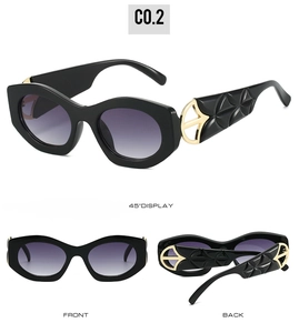 Detailed view of oversized cat-eye sunglasses with golden metal hinges and textured temples