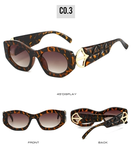 Detail view of tortoiseshell cat eye sunglasses with golden geometric temple patterns