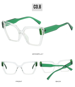 Trois angles d'une monture de lunettes carrée avec des branches vert vif style C0.8