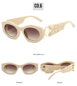 Detailed views of beige cat-eye sunglasses with gradient lenses and textured temples