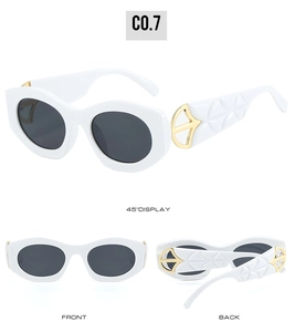 Detailed views of white cat-eye sunglasses with gold anchor decor and quilted temples