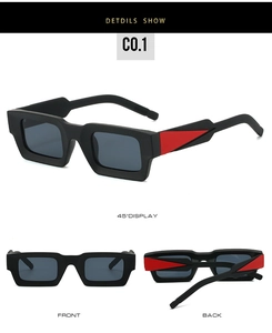 Vue détaillée des lunettes de soleil rectangulaires noir mat avec décor rouge