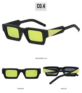 Détails de lunettes de soleil carrées rétro avec monture noire et verres jaunes flashy