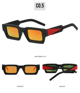 Vue sous trois angles de lunettes de soleil carrées rétro avec verres miroirs oranges