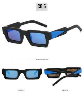 Vue en trois dimensions de lunettes de soleil rectangulaires noires avec verres bleus miroirs