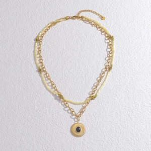 Collier Double Rang Français Rétro Acier Inoxydable Perles Colorées Pendentif Pierre Gemme Bleue Bijoux Femmes