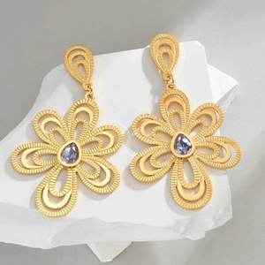 Boucles D'oreilles Pendantes Fleur Œil Maléfique Nœud Gland Plaqué Or Acier Inoxydable Creux Géométrique Zircon Femme