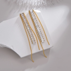 Modern geometric tassel earrings with gold-plated chains and clear zircon stones