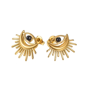 Boucles d'oreilles œil maléfique en acier doré style bohème avec perle noire et rayons de soleil