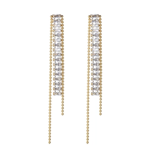 Elegant gold geometric tassel earrings featuring long rectangular crystal cubic zirconia
