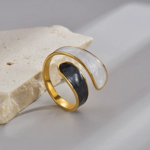 Minimalist Stainless Steel Open Ring Gold Plated Marble Texture Enamel Wrap Adjustable Bypass Finger Jewelry For Women