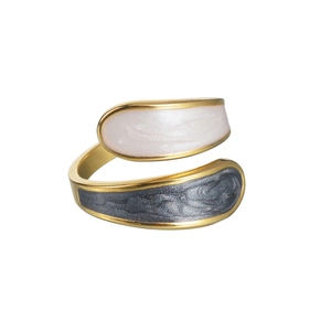 Minimalist gold stainless steel open ring with dual-color enamel inlay in grey and white