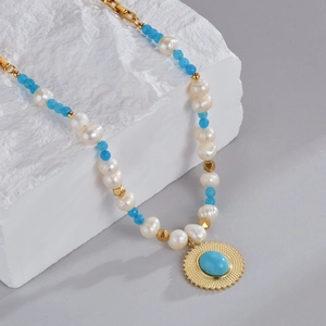 Vintage Bohemian Necklace Women Stainless Steel 14K Gold Plated Natural Stone Turquoise Tiger Eye Artificial Pearl Beaded Jewelry