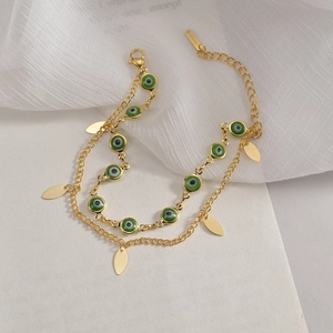 Double Layer Stainless Steel Bracelet With Green Evil Eye Beads And Gold Leaf Charms Bohemia Style For Women 14K Gold Plated