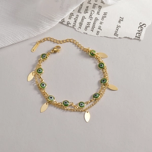 14K gold plated stainless steel double layer bracelet with evil eye and leaf pendants