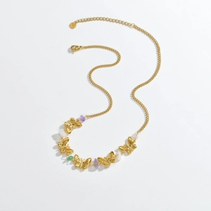 Collier papillon en acier inoxydable doré avec pierres semi-précieuses et étiquette