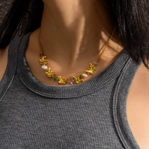 Collier Pendentif Papillon Or Acier Inoxydable Perles De Gravier Irrégulières Bijoux De Mode Pour Femmes