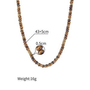 Tiger eye beaded necklace in 14K gold plated titanium steel with 43+5cm chain length