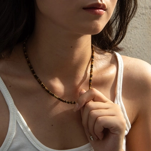 Beaded Necklace With Stainless Steel And Tiger Eye Stone 14K Gold Plated Vintage Ethnic Style Jewelry For Women