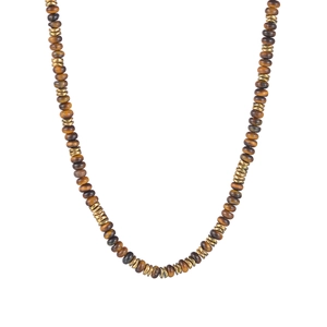 Natural tiger eye stone beaded necklace with vintage brown flat beads and gold accents