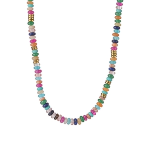 Close-up of multicolor beaded necklace with gold spacers and semi-transparent stones