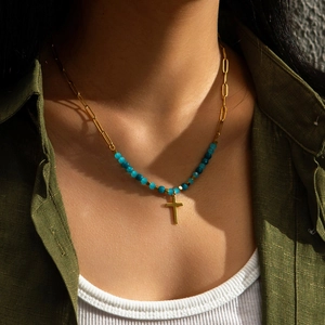 Collier Pendentif En Acier Inoxydable Croix Coeur Perlé Coquille Nacre Bijoux De Mode Minimalistes Pour Femmes